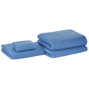 Set de serviettes de bain bleu Areora, 4 pièces, en coton avec texture gaufrée.