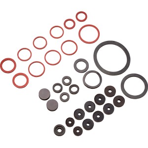 Set di guarnizioni per sifoni e raccordi, composto da anelli in gomma e fibra di varie dimensioni.