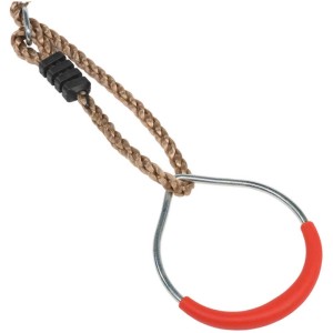 Anneau de balançoire en métal avec poignée rouge et corde marron.