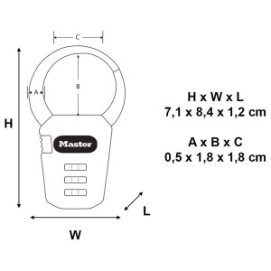 Abbildung eines Master Lock Zahlen-Karabinerschlosses mit 3-stelligem Zahlencode und Maßangaben.