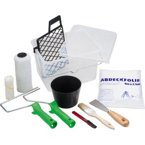 Kit de rénovation LUX 10 pièces dans seau : rouleaux, pinceaux, spatule, bâche de protection et plus pour les rénovations.