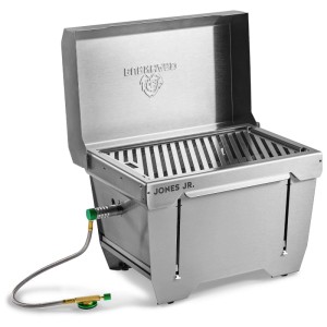 Burnhard Jones Jr., grill de camping, 1 brûleur, acier inoxydable, avec tuyau de gaz et grille.
