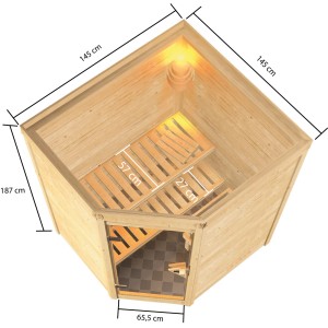 Sauna Woodfeeling Antonia con stufa bio e porta in vetro, vista interna con panche. Sauna in legno massello per ore di relax.