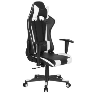 Beliani Sedia Gaming Gamer, in ecopelle bianca e nera, con cuscino lombare e schienale regolabile.