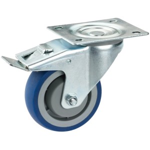 Roue pivotante Doerner + Helmer avec frein, caoutchouc plein bleu, Ø 8 cm.