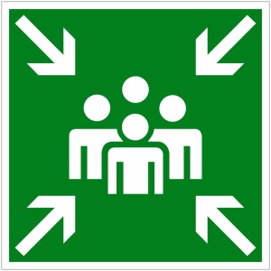 Panneau vert : Symbole point de rassemblement avec flèches et groupe de personnes, 15x15 cm.