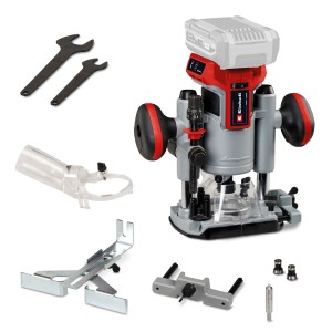 Fresatrice a batteria Einhell TP-RO 18 Li BL Solo con accessori. Fresatrice a batteria per la lavorazione del legno.
