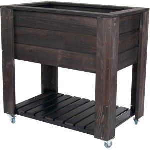 Carré potager surélevé anthracite sur roulettes (80x50cm) en bois avec étagère. Idéal pour jardin, balcon et terrasse.