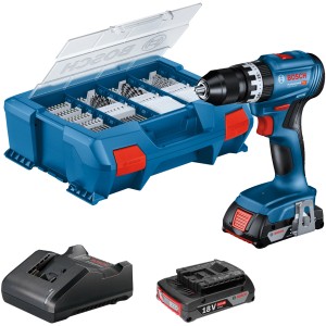 Bosch Professional GSB 18V-45 trapano avvitatore a percussione a batteria con batterie, caricabatterie e accessori in L-Case.