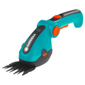 Cisailles à gazon sans fil Gardena ComfortCut Li avec câble de chargement USB et affichage LED.