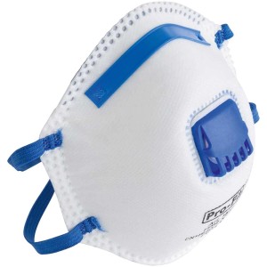 Masque pliable LUX FFP2 avec valve : Masque de protection respiratoire avec valve d'expiration et élastiques bleus.