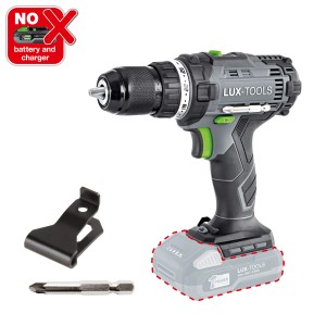 Visseuse-perceuse sans fil LUX A-BS-20 (sans batterie/chargeur) avec embout et clip ceinture.