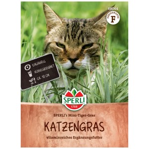 Sperli herbe à chat Mini-Tiger-Gras : Emballage avec motif chat et herbe en pot.