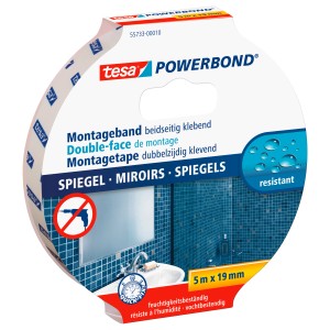 Tesa Powerbond Nastro di montaggio Mirror, 5m x 19mm, per montaggio specchi in ambienti umidi.