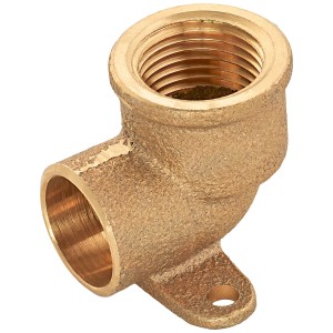 Raccordo a gomito a saldare in bronzo, 38 mm, con piastra a muro per impianti di riscaldamento e idraulici.