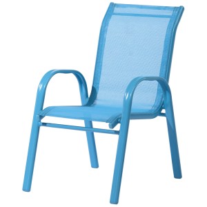 Chaise enfant bleue Glenoma, empilable, avec structure en acier et revêtement textile résistant aux intempéries.