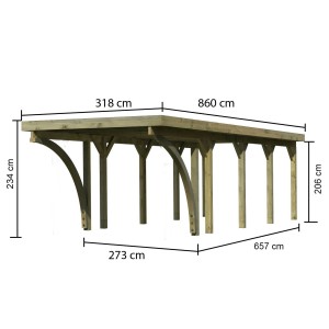 Karibu Einzelcarport Classic mit Maßangaben, Holzkonstruktion mit Stahl-Dacheindeckung.