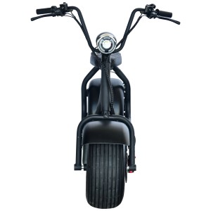 E-Chopper Gen 2 Rider noir mat, vue de face. Scooter électrique avec pneu large et phare.