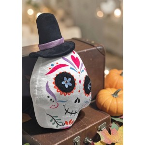 Decorazione LED a forma di teschio di Halloween, bianco/nero, alta 39 cm, con cilindro e decorazioni colorate.