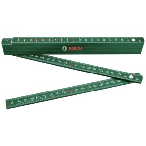 Mètre pliant vert Bosch, 2 mètres, partiellement déplié. Outil de mesure pour l'artisanat et le bricolage.