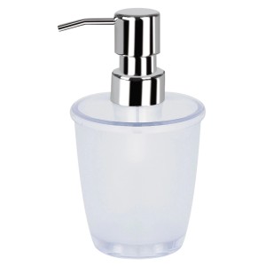 Dispenser sapone Spirella Toronto trasparente in plastica con pompa cromata.