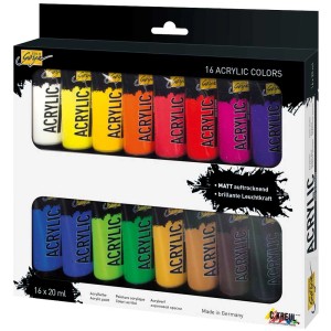 Set de 16 peintures acryliques Kreul Solo Goya dans une boîte avec 16 couleurs.