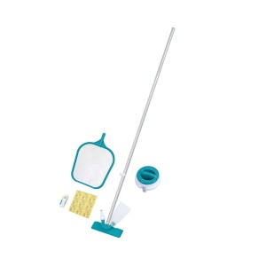 Kit complet d'entretien de piscine Bestway AquaClear Deluxe avec épuisette, aspirateur, diffuseur, bandelettes de test et rustines.
