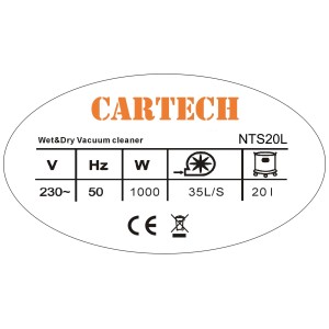 Gros plan aspirateur eau et poussière CarTech NTS Inox 20 l : Données techniques et symboles.