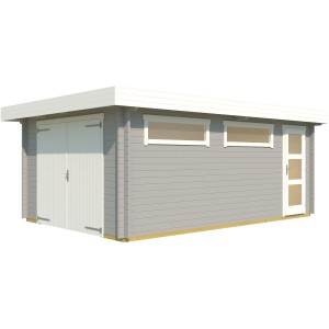 Garage singola in legno grigio chiaro con porta in legno, finestre e porta. Garage prefabbricato 360x540 cm.