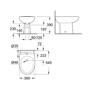 Disegno tecnico: Bidet a terra Grohe Bau Keramik con dimensioni.