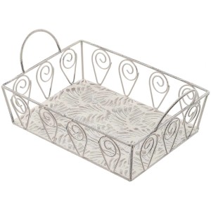 Cesto in metallo bianco anticato con manici, decorativo per mobili da giardino.