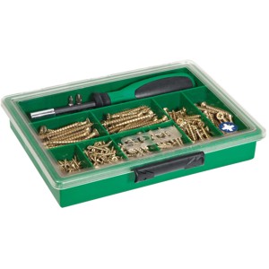 Kit de vis Spax avec porte-embout et embouts, zinguées jaunes, assorties dans une boîte verte.