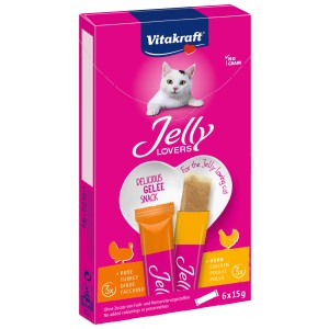 Vitakraft Jelly Lovers Pollo/Tacchino, 6x15g: Snack per gatti con pollame in scatola rosa.