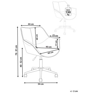 Schizzo sedia da ufficio Newdale marrone chiaro con dimensioni, portata max 130 kg.