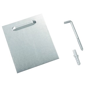 Kit de fixation en forme de cristal pour miroir (8x10cm) avec système adhésif, incluant vis et cheville.