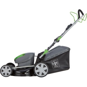 Kit tondeuse à batterie LUX-TOOLS A-RM-46-24 avec batteries et chargeur, pliable pour un rangement peu encombrant.