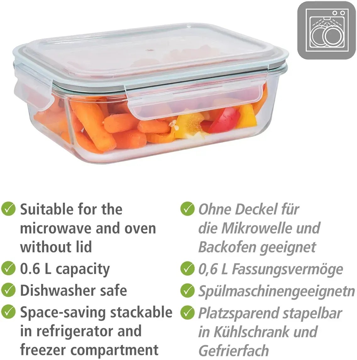 WENKO Glas Frischhaltedose Pacu 1 Liter – Luftdicht, Stapelbar, 21x7,5x15 Cm