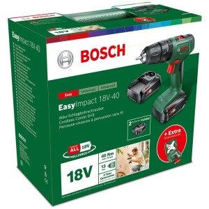 Bosch EasyImpact 18V-40 trapano avvitatore a percussione con 2 batterie, caricabatterie e accessori.