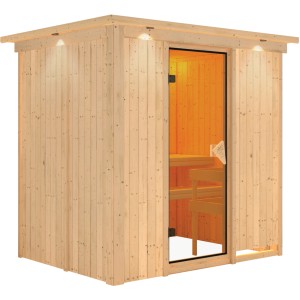 Sauna Karibu con corona del tetto a LED in legno naturale, vista frontale con porta in vetro e interni.