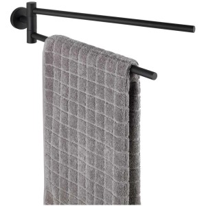 Wenko Handtuchhalter Bosio, mattschwarz, mit zwei schwenkbaren Stangen und grauem Handtuch.