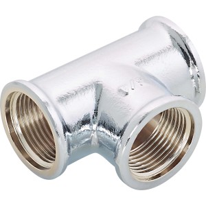 Raccordo a T filettato (Rp 3/4) in ottone cromato per impianti di riscaldamento e acqua potabile.