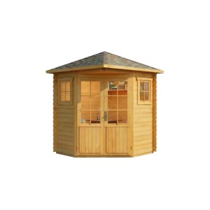 Abri de jardin pentagonal Sunny-A naturel imprégné, 200x200 cm, avec double porte et fenêtres.