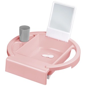 Lavabo enfant rose Rotho Kiddy Wash avec miroir, gobelet et porte-savon.