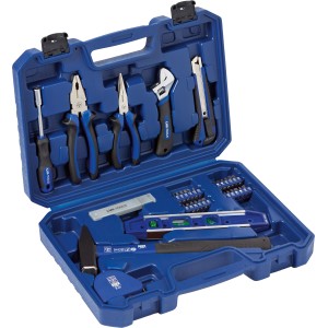 Mallette à outils LUX Classic bleue ouverte, 39 pièces avec outils comme marteau, pinces, clé à molette et embouts.