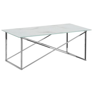 Table basse moderne Emporia avec effet marbre et cadre en acier inoxydable argenté.