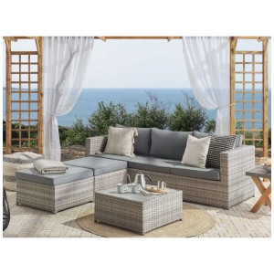 Salotto angolare da giardino Beliani Sabbia in polyrattan grigio, 2 pezzi, con tavolo e cuscini.