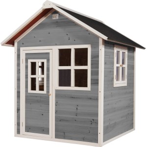 Cabane en bois grise EXIT Loft 100 avec porte et fenêtres. Idéale pour que les enfants jouent dans le jardin.
