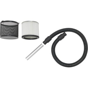 Accessoires pour aspirateur à cendres AS-20/1200 : tuyau, tube d'aspiration, filtre plissé et panier de protection contre le feu.
