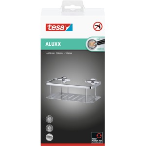 Étagère de douche Tesa Aluxx avec fond profond, aluminium chromé, pour montage mural sans perçage.