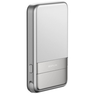 Ecoflow Powerbank Rapid, 5000 mAh, Argent. Batterie externe compacte avec USB-C et support pliable.